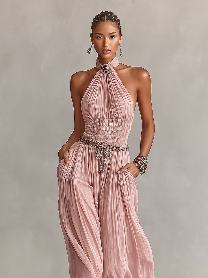 Women's Blush Pleated Jumpsuit With Halter Neck & Ruched Waist, Timeless Romantic-Elegant Style Jumpsuit (without Belt) MDZ1133B7I