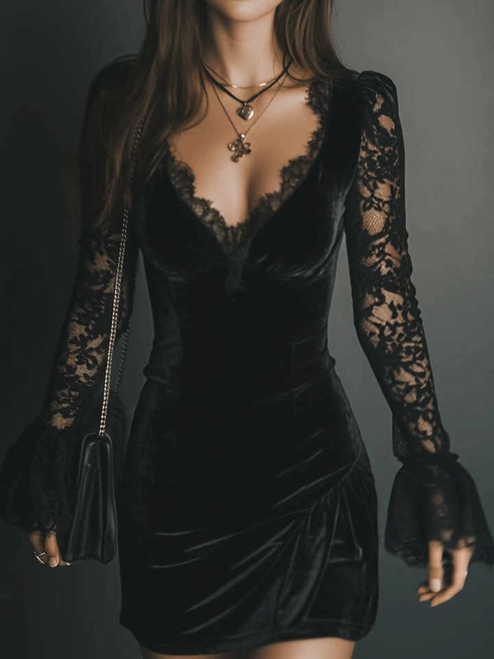 Romance Midnight Velvet Lace Bell-Sleeve Mini Dress