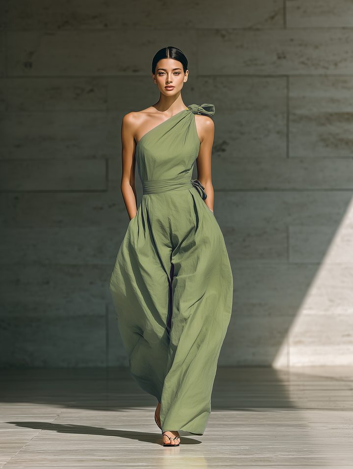 Women's Light Green Cotton And Linen Blend One-Shoulder Wide-Leg Jumpsuit With Tie Waist MDZ3136A8T