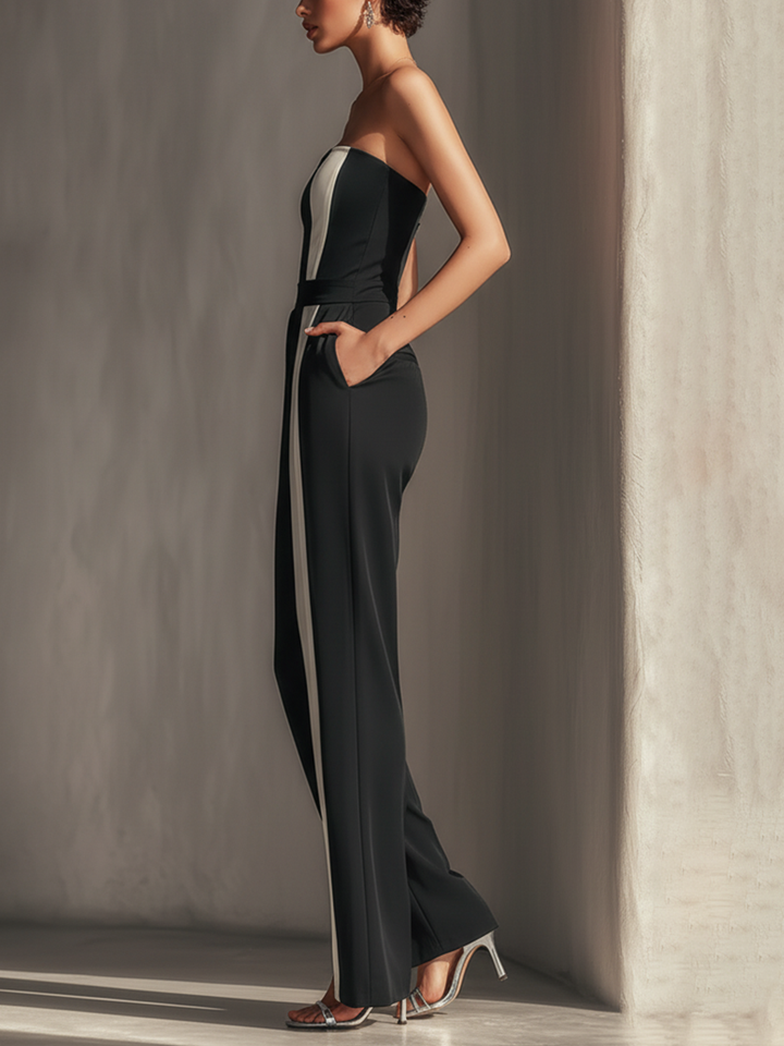 Women's Black Strapless Jumpsuit With Contrast White Vertical Stripe & Side Pockets MDZ0336C7T