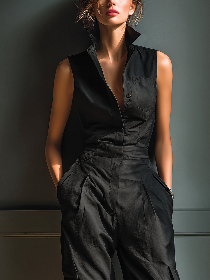 Women's Black Cotton And Linen Blend Sleeveless Collared Jumpsuit With Cargo Pockets MDZ0908A3T