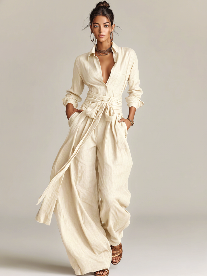 Women's Elegant Brown Woven Cotton-linen Long-sleeved Shirt Collar Jumpsuit With Belt MDA1965L9AN