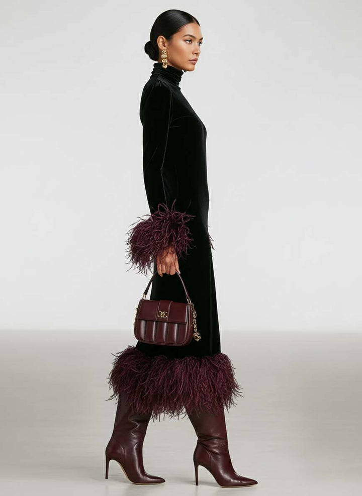 Women's Minimalist Velvet Patchwork Faux Ostrich Feather Cuffs And Hem Maxi Dress MDA1174J9Y