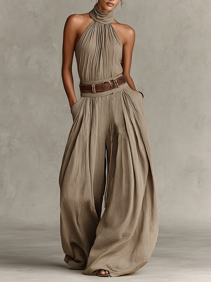 Women's Taupe Cotton-Blend Jumpsuit With Halter Neck & Wide-Leg Silhouette, Timeless Boho-Elegant Style Jumpsuit (Without Belt) MDZ0940C3I