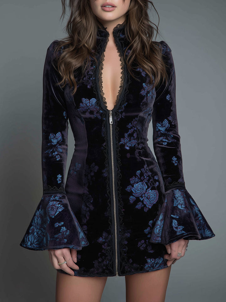 Vintage Floral Lace-trimmed Slim-fit Polyester Velvet Mini Dress