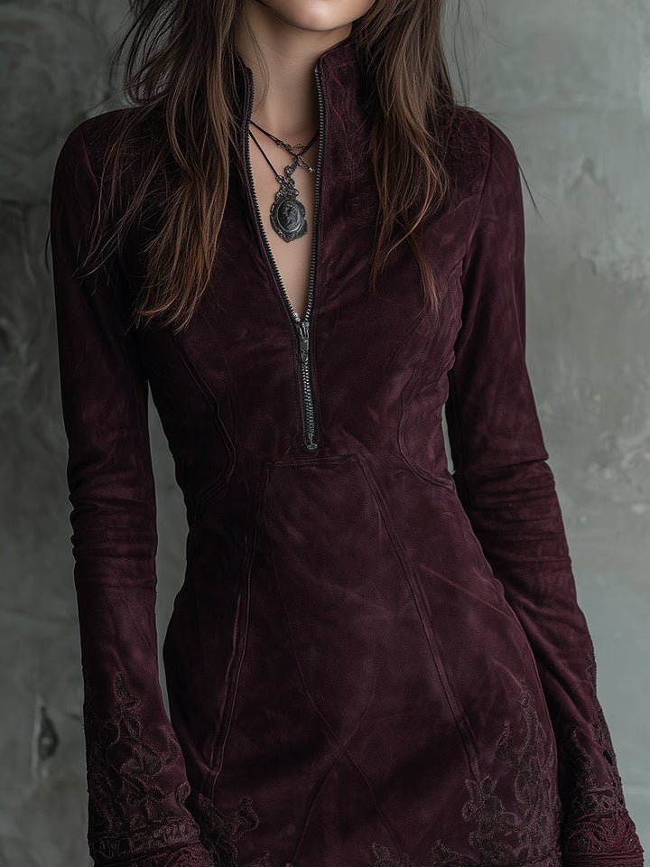 Vintage Suede Embroidered Lace Trim Mini Dress