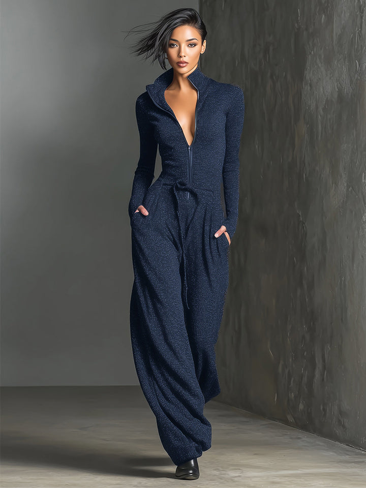 Women's Elegant Knit Sparkling Zipper Front Jumpsuit MDA2560G5I