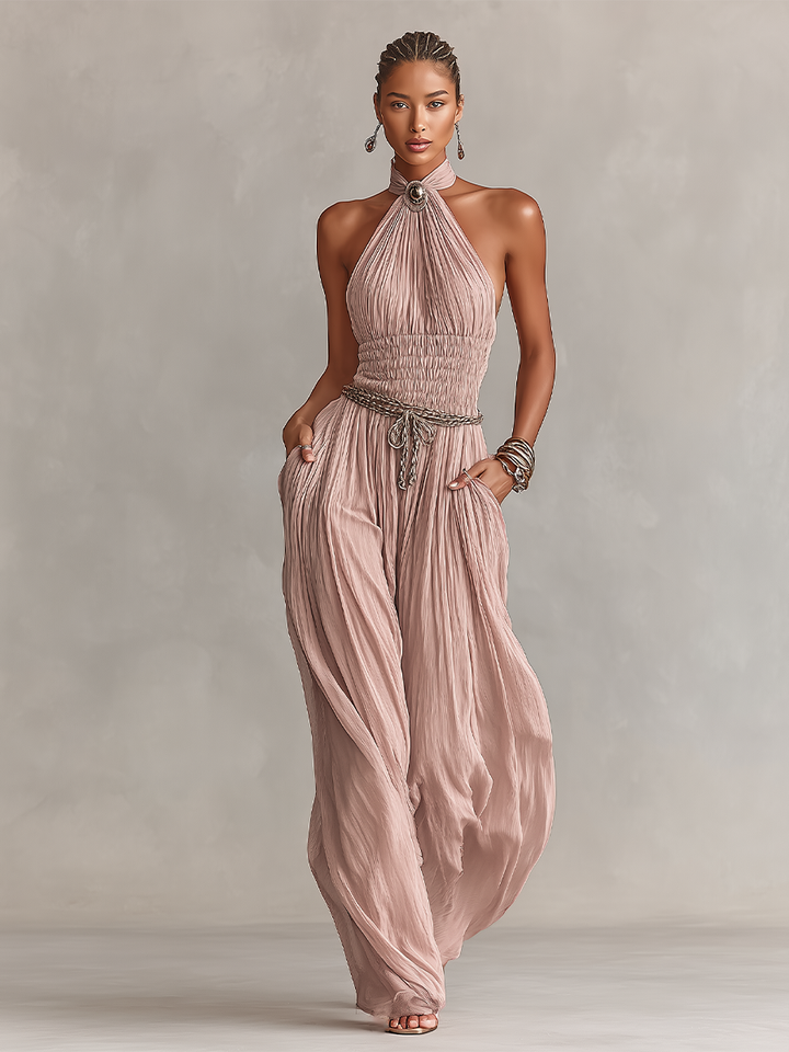 Women's Blush Pleated Jumpsuit With Halter Neck & Ruched Waist, Timeless Romantic-Elegant Style Jumpsuit (without Belt) MDZ1133B7I